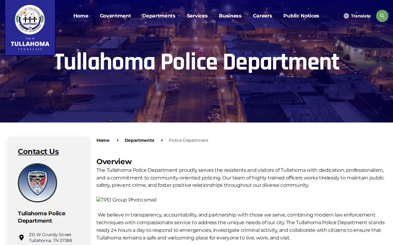 Tullahoma Police Department recent arrest contact page