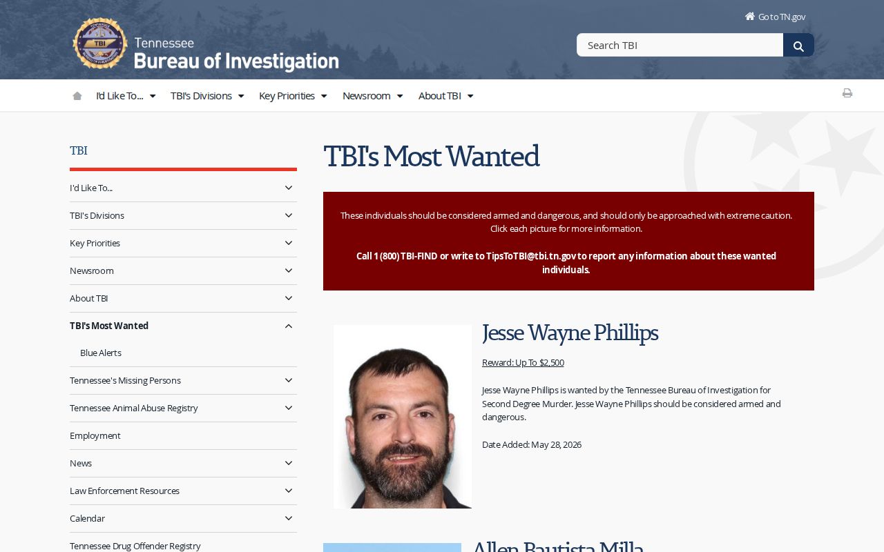 TBI statewide most wanted list linked from Coffee County